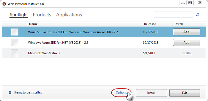 Web Platform Installer, click Options